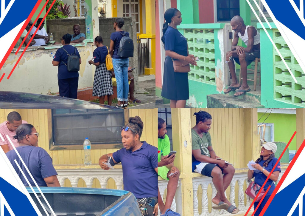 Universal Church members sharing the Word of God with residents of Dennery on their doorsteps and verandas